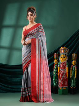 Angoshobha - Women Grey Cotton Woven Saree with Unstitched Blouse