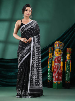 Angoshobha - Women Black Blended Fabric Woven Saree with Unstitched Blouse