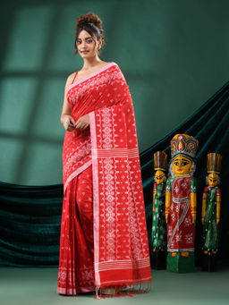 Angoshobha - Women Red Blended Fabric Woven Saree with Unstitched Blouse