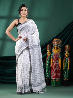 Angoshobha - Women White Blended Fabric Woven Saree with Unstitched Blouse