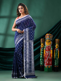 Angoshobha - Women Navy Blue Blended Fabric Woven Saree with Unstitched Blouse