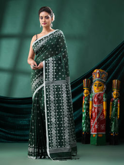 Angoshobha - Women Green Blended Fabric Woven Saree with Unstitched Blouse