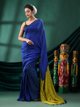 Angoshobha - Women Blue Cotton Colorblock Woven Saree with Unstitched Blouse