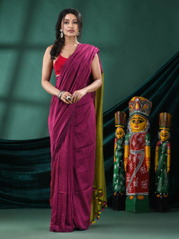 Angoshobha - Women Magenta Cotton Colorblock Woven Saree with Unstitched Blouse