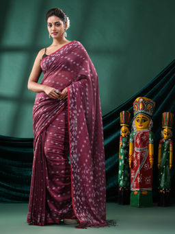 Angoshobha - Women Wine Cotton Geometric Woven Saree with Unstitched Blouse