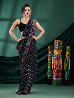 Angoshobha - Women Black Cotton Geometric Woven Saree with Unstitched Blouse