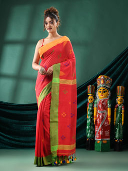 Angoshobha - Women Red Cotton Woven Saree with Unstitched Blouse