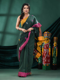 Angoshobha - Women Green Cotton Woven Saree with Unstitched Blouse