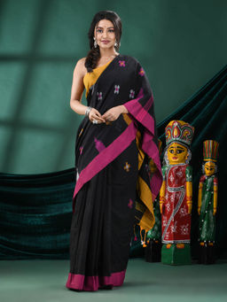 Angoshobha - Women Black Cotton Woven Saree with Unstitched Blouse