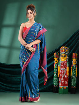 Angoshobha - Women Blue Cotton Woven Saree with Unstitched Blouse