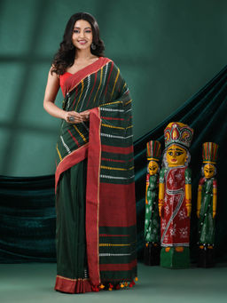 Angoshobha - Women Green Cotton Woven Saree with Unstitched Blouse