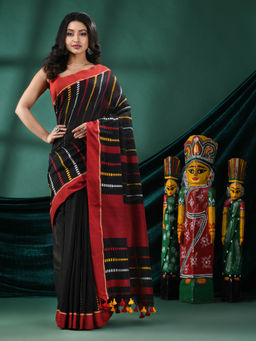 Angoshobha - Women Black Cotton Woven Saree with Unstitched Blouse