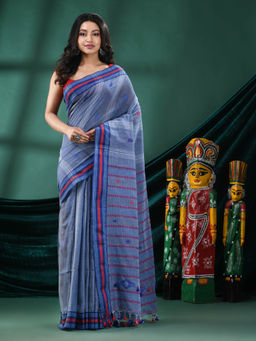 Angoshobha - Women Blue Cotton Woven Saree with Unstitched Blouse