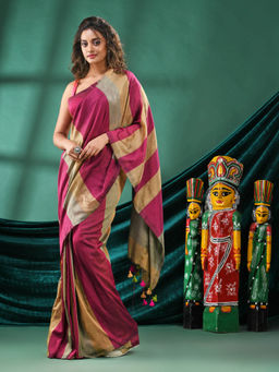 Angoshobha - Women Magenta Cotton Colorblock Woven Saree with Unstitched Blouse
