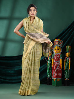 Angoshobha - Women Green Linen Stripes Woven Saree with Unstitched Blouse