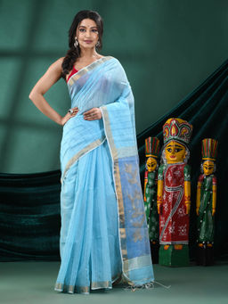 Angoshobha - Women Blue Blended Fabric Floral Woven Saree with Unstitched Blouse