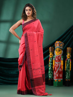 Angoshobha - Women Pink Cotton Woven Saree with Unstitched Blouse