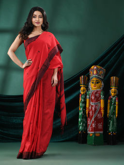 Angoshobha - Women Red Cotton Woven Saree with Unstitched Blouse