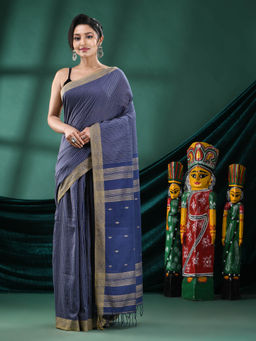 Angoshobha - Women Navy Blue Cotton Woven Saree with Unstitched Blouse