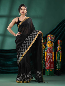 Angoshobha - Women Black Linen Geometric Woven Saree with Unstitched Blouse