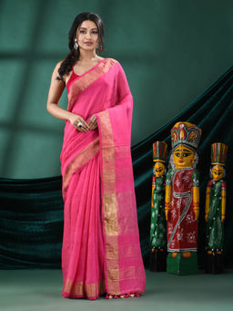 Angoshobha - Women Pink Linen Woven Saree with Unstitched Blouse