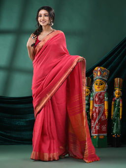 Angoshobha - Women Pink Linen Woven Saree with Unstitched Blouse