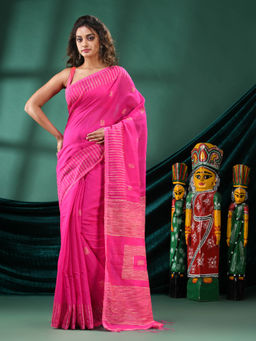 Angoshobha - Women Pink Blended Fabric Stripes Woven Saree with Unstitched Blouse