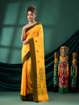 Angoshobha - Women Yellow Cotton Woven Saree with Unstitched Blouse