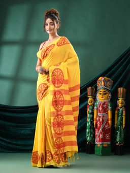 Angoshobha - Women Yellow Cotton Woven Saree with Unstitched Blouse