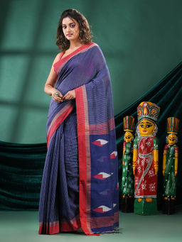 Angoshobha - Women Navy Blue Cotton Woven Saree with Unstitched Blouse