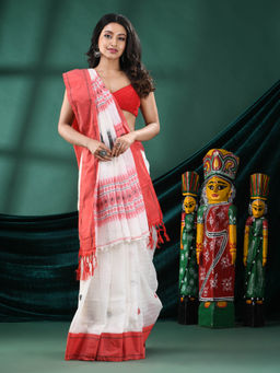 Angoshobha - Women White Cotton Woven Saree with Unstitched Blouse