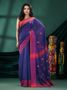 Angoshobha - Women Blue Cotton Woven Saree with Unstitched Blouse