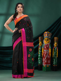 Angoshobha - Women Black Linen Floral Woven Saree with Unstitched Blouse