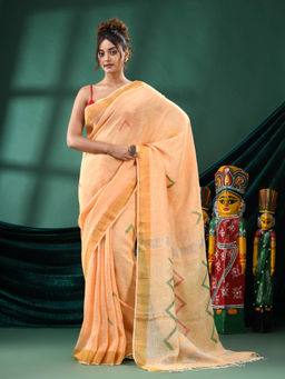 Angoshobha - Women Orange Linen Woven Saree with Unstitched Blouse