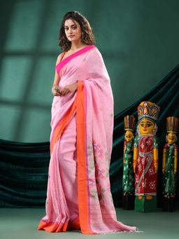 Angoshobha - Women Pink Linen Floral Woven Saree with Unstitched Blouse