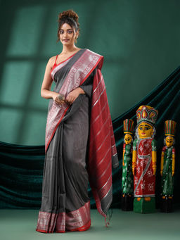 Angoshobha - Women Grey Cotton Stripes Woven Saree with Unstitched Blouse