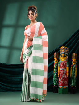 Angoshobha - Women Multi-Color Cotton Colorblock Woven Saree with Unstitched Blouse