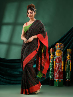 Angoshobha - Women Black Blended Fabric Checks Woven Saree with Unstitched Blouse