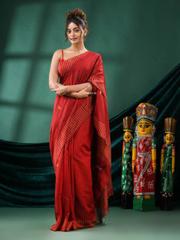Angoshobha - Women Red Blended Fabric Floral Woven Saree with Unstitched Blouse