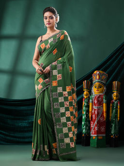 Angoshobha - Women Green Cotton Embroidered Saree with Unstitched Blouse