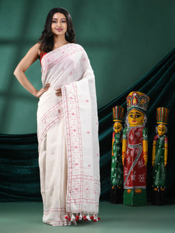 Angoshobha - Women White Linen Woven Saree with Unstitched Blouse