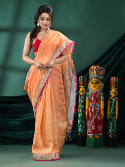 Angoshobha - Women Orange Linen Stripes Woven Saree with Unstitched Blouse