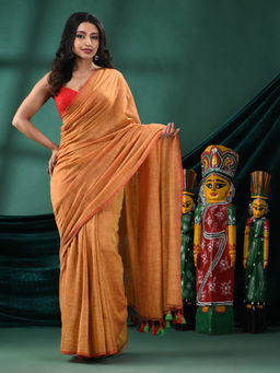 Angoshobha - Women Orange Cotton Checks Woven Saree