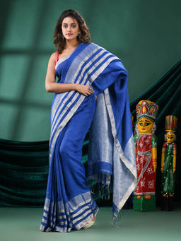 Angoshobha - Women Blue Linen Colorblock Woven Saree with Unstitched Blouse