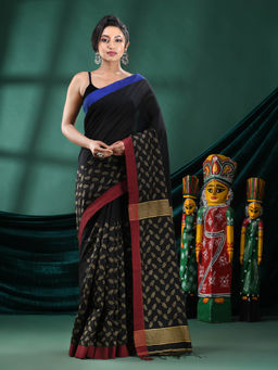 Angoshobha - Women Black Blended Fabric Floral Woven Saree with Unstitched Blouse