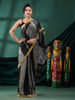 Angoshobha - Women Grey Linen Colorblock Woven Saree with Unstitched Blouse