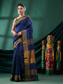 Angoshobha - Women Navy Blue Linen Woven Saree with Unstitched Blouse
