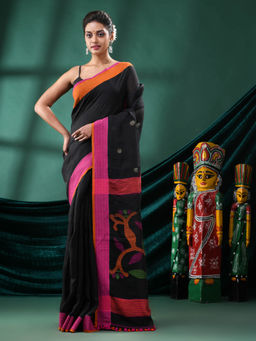 Angoshobha - Women Black Linen Floral Woven Saree with Unstitched Blouse