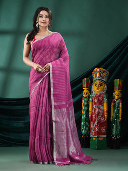 Angoshobha - Women Magenta Linen Stripes Woven Saree with Unstitched Blouse