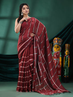 Angoshobha - Women Maroon Linen Checks Woven Saree with Unstitched Blouse